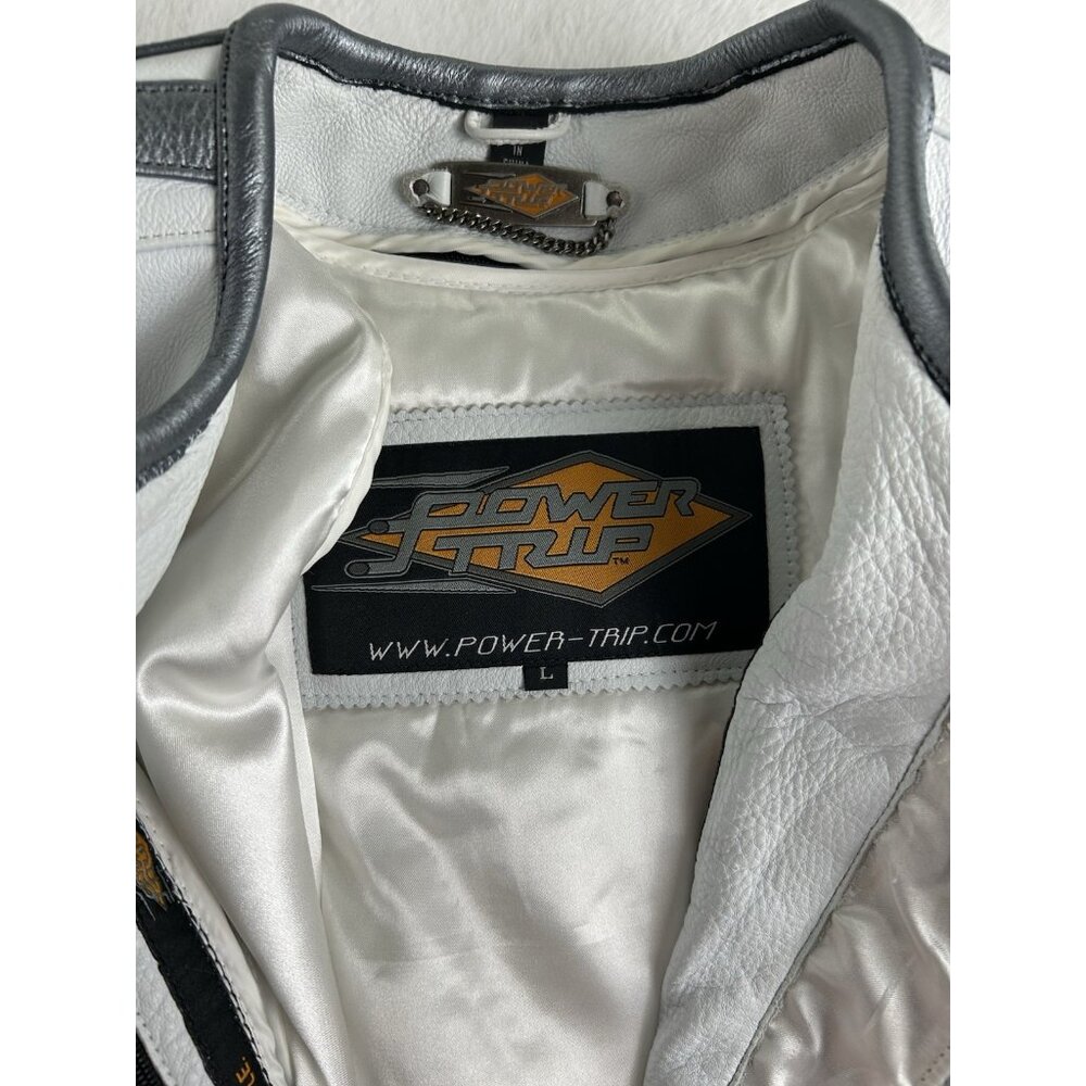 Power Trip Women's Leather Zip Up Motorcycle Jacket Large Cream/Silver Grey - Picture 3 of 16